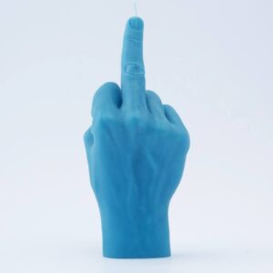 The F*ck You Candle - Blue is a bold, Estonian-designed candle shaped as an upright middle finger—perfect for adding edgy flair to your concept store or gift shop. Gate21.ee