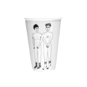 The 2 Willies Cup from our curated gift shop is a white mug featuring a black-and-white drawing of two nude figures in socks, standing side by side and covering themselves—a unique find for creative gift seekers. Gate21.ee