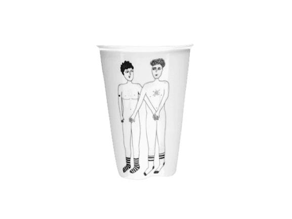 The 2 Willies Cup from our curated gift shop is a white mug featuring a black-and-white drawing of two nude figures in socks, standing side by side and covering themselves—a unique find for creative gift seekers. Gate21.ee