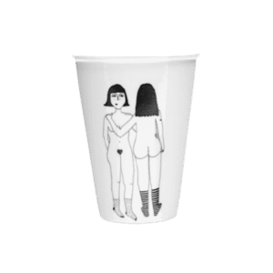The 4 Boobies Cup is a white cup from a curated concept shop, decorated with a black and white illustration of two women standing back-to-back, both in socks and unclothed. Gate21.ee