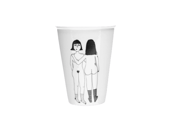 The 4 Boobies Cup is a white cup from a curated concept shop, decorated with a black and white illustration of two women standing back-to-back, both in socks and unclothed. Gate21.ee