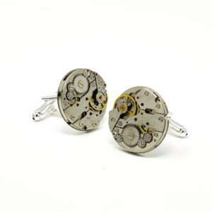 Clock Cufflinks feature exposed watch movements with visible gears and mechanical parts—an ideal unique gift for those shopping in Tallinn or exploring concept shops. Displayed on a plain white background. Gate21.ee