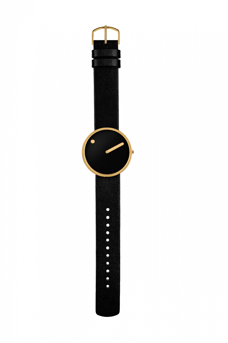 The Black / Gold / 40mm minimalist wristwatch—with a black leather strap, gold case, and black face—stands out as a unique accessory for any Tallinn shopping adventure or curated concept shop. Gate21.ee