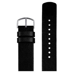The Leather Strap replacement - K&Otilde;IK is showcased flat on a white background. This black leather strap, with a silver buckle, two loops, and several adjustment holes, embodies elegant Estonian design. Gate21.ee