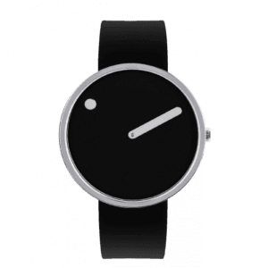 The Black / Silver / 40mm watch features minimalist Estonian design with a black face, thick white hand, small white hour dot, silver bezel, and black strap—perfect for unique finds when shopping in Tallinn. Gate21.ee