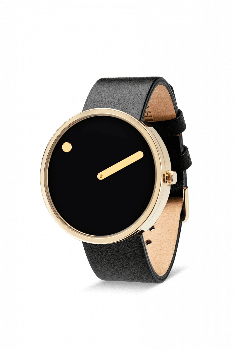 The Black / Gold / 40mm is a minimalist wristwatch with a gold case, black face, and black leather strap. A single gold hand and dot on the dial create understated elegance—ideal for curated concept shop collections. Gate21.ee