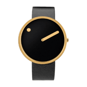 The Black / Gold / 40mm is a minimalist wristwatch with a black leather strap, gold case, and black dial. Its single gold hand and gold dot at 12 o’clock offer understated elegance—perfect for unique gifting ideas. Gate21.ee
