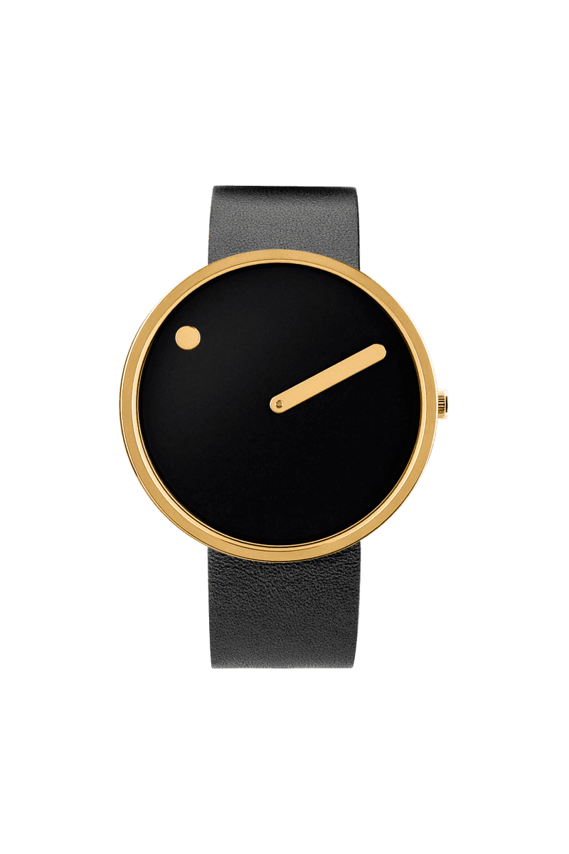 The Black / Gold / 40mm is a minimalist wristwatch with a black leather strap, gold case, and black dial. Its single gold hand and gold dot at 12 o’clock offer understated elegance—perfect for unique gifting ideas. Gate21.ee