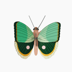 The Fern Butterfly features a stylised design with green, yellow, and black patterned wings, a brown body, and thin grey antennae—ideal for Tallinn shopping or gift shop displays on a crisp white background. Gate21.ee