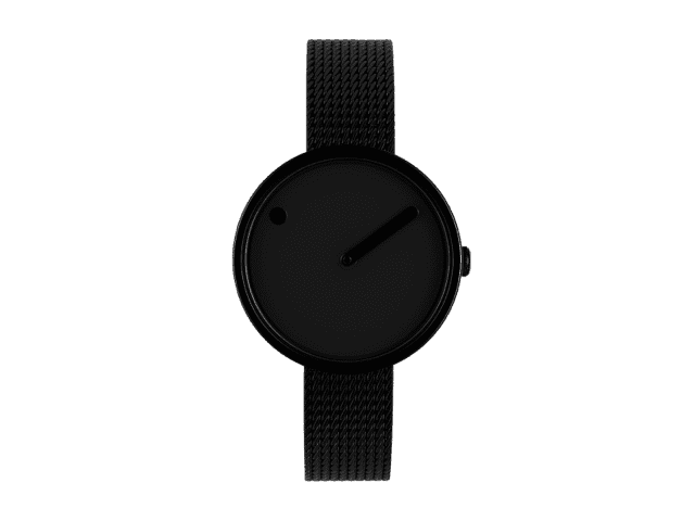 The Black / Black Mesh / 30mm is a minimalist black wristwatch with no numbers, one black hand, a black mesh strap, and a small circular dot on the face—ideal for unique Tallinn shopping finds. Gate21.ee
