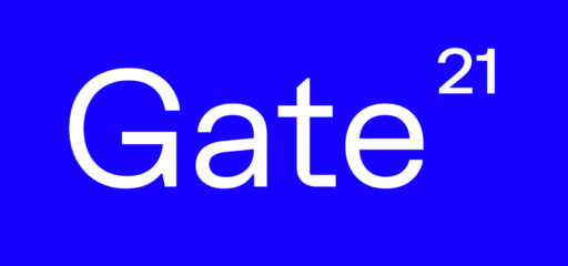 White text on a blue background displays the word Gate followed by the number 21 in superscript, reading as Gate 21. Gate21.ee
