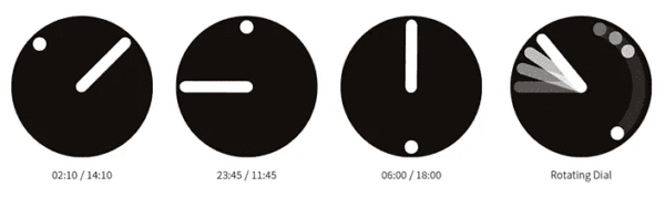 Four black circular clock faces: first shows a diagonal line at 2:10, second a horizontal line at 11:45, third a vertical line at 6:00, and fourth a dial with overlapping shaded segments&mdash;curated for lovers of unique ideas and concept shop aesthetics. Gate21.ee