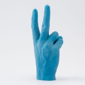 The Peace Candle - Blue is a human hand-shaped blue candle making a peace sign, with wicks on the index and middle fingers—an eye-catching addition for your concept shop, photographed against a plain white background. Gate21.ee