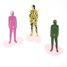 Three minimally detailed nude figures stand on separate pink spots, each with distinct colours—pink, yellow with blue patterns, and dark green with yellow markings—featured on the Ark Design Bookmarks - KÕIK against a plain white background. Gate21.ee