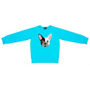 Kids Doggy is a bright blue long-sleeve sweatshirt featuring a French bulldog’s face—one black ear, one pink—centred on the front, ideal for curated wardrobes and unique concept shop finds. Gate21.ee