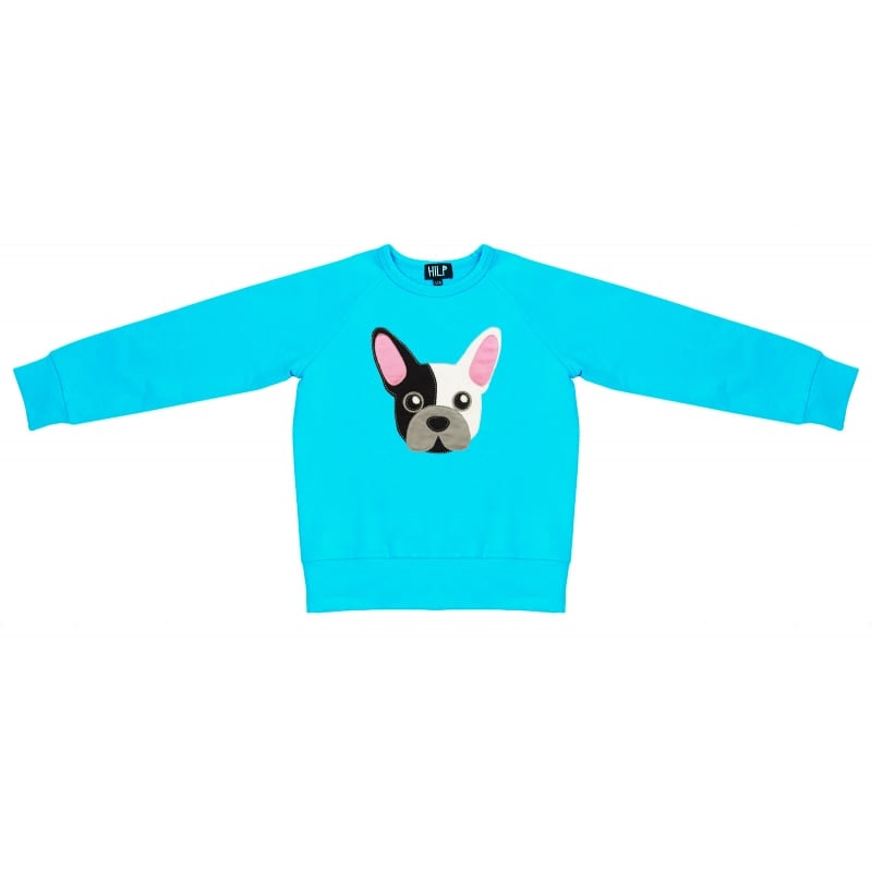 Kids Doggy is a bright blue long-sleeve sweatshirt featuring a French bulldog’s face—one black ear, one pink—centred on the front, ideal for curated wardrobes and unique concept shop finds. Gate21.ee