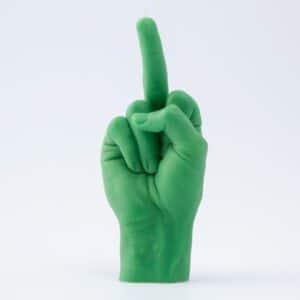 The F*ck You Candle - Green is a bold Estonian-designed candle shaped like a hand giving the middle finger—perfect for adding attitude to any concept shop or gift shop. Features a striking green colour and comes against a plain white background. Gate21.ee