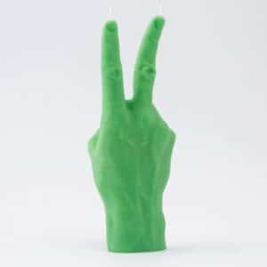 The Peace Candle - Green is a hand-shaped candle making a peace sign, with two wicks at the raised fingers—an ideal Tallinn gift or fun decor piece, photographed against a plain white background. Gate21.ee