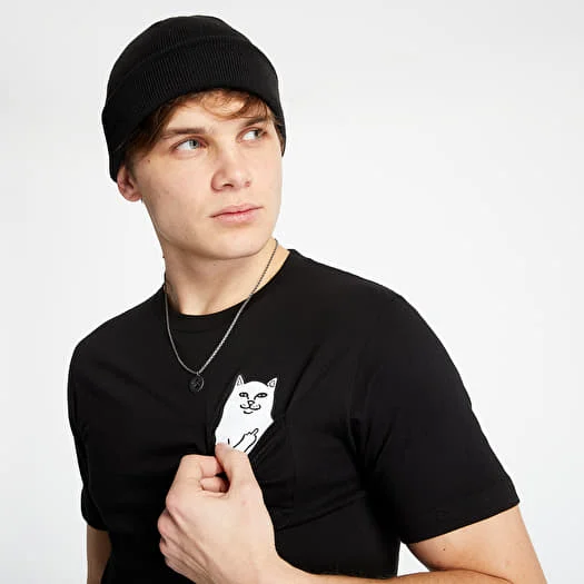 A person in a black beanie and the Lord Nermal Pocket Tee - Black, featuring a white cartoon cat peeking from the chest pocket, looks to the side against a plain white background. Gate21.ee