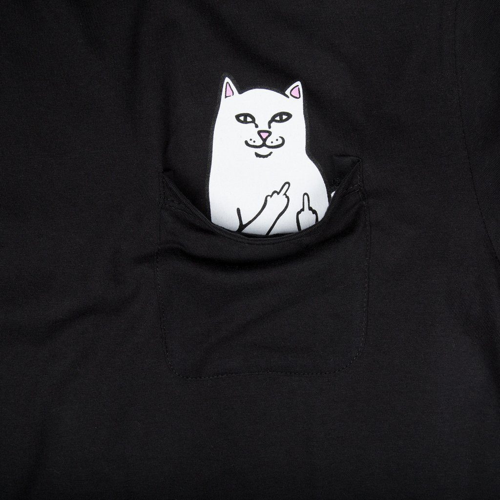 The Lord Nermal Pocket Tee - Black features a cartoon white cat with a cheeky expression giving the finger from the shirt pocket—an ideal unique find at a Tallinn shopping concept store. Gate21.ee
