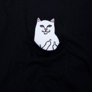 Illustration of a white cat with a neutral expression, partially visible inside a black shirt pocket, holding up both middle fingers. This playful, cartoon-like design is perfect for concept shop lovers and fans of unique Estonian design. Gate21.ee