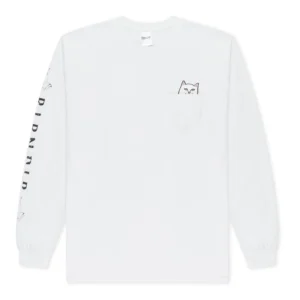 The Lord Nermal Pocket Long Sleeve - White features a cat graphic on the chest pocket and RIPNDIP in black down the right sleeve. Find this crew neck with ribbed cuffs at Tallinn shopping hotspots or your favourite concept store. Gate21.ee