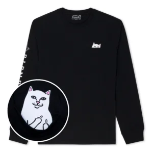 The Lord Nermal Pocket Long Sleeve - Black features a small white cartoon cat peeking from the chest pocket, with an inset revealing Lord Nermal inside raising both middle fingers. Gate21.ee