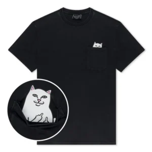 The Lord Nermal Pocket Tee - Black features a chest pocket with a cartoon white cat peeking out. A close-up reveals the cat&rsquo;s paws in the pocket making a cheeky, rude gesture. Gate21.ee