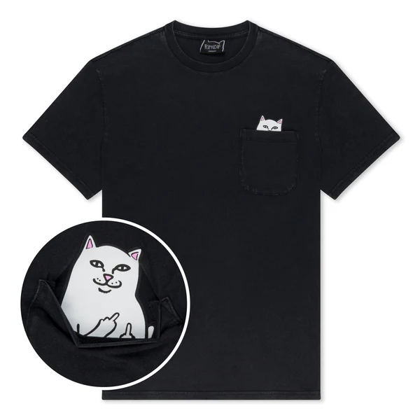 The Lord Nermal Pocket Tee - Black features a chest pocket with a cartoon white cat peeking out. A close-up reveals the cat’s paws in the pocket making a cheeky, rude gesture. Gate21.ee