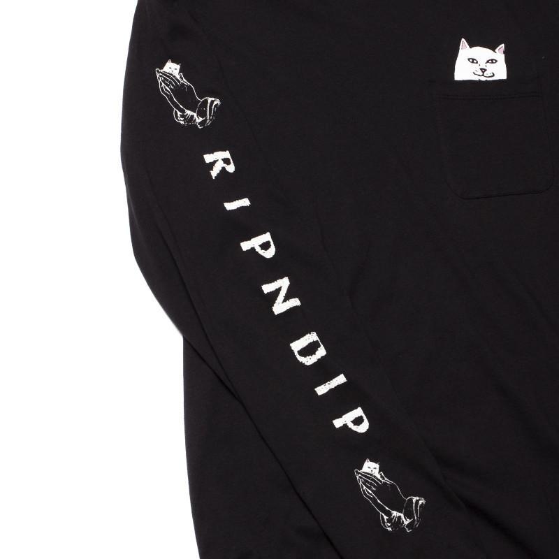 A black long-sleeve shirt with &ldquo;RIPNDIP&rdquo; printed vertically on the sleeve, two praying hands graphics, and a white cat face peeking out from the chest pocket&mdash;an Estonian design perfect for any gift shop seeking unique ideas. Gate21.ee
