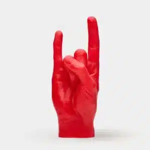 Let's Rock - Red: a curated red candle shaped as a human hand making the rock on gesture, featuring two unlit wicks—perfect for unique gifts or those exploring Tallinn shopping. Gate21.ee