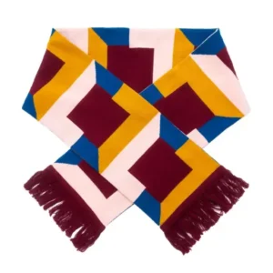 The Chain - Organic scarf features a geometric pattern in burgundy, mustard yellow, blue, and light pink with fringes at both ends—ideal for Tallinn shopping or anyone seeking unique ideas—displayed flat on a white background. Gate21.ee