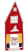 A simple drawing of a tall, narrow red house with white trim, a window, and a door. The door has OMA ASI written on it, with yellow and black panels—perfect inspiration for unique ideas from Tallinn shopping or a quirky gift shop. Gate21.ee