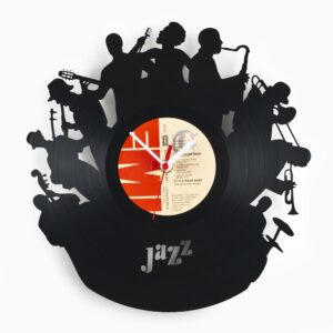 Vinyl kellad - by Pavel is a unique wall clock crafted from a vinyl record, displaying jazz musicians in silhouette with "jazz" at the bottom&mdash;an ideal choice for music lovers and distinctive home d&eacute;cor. Gate21.ee