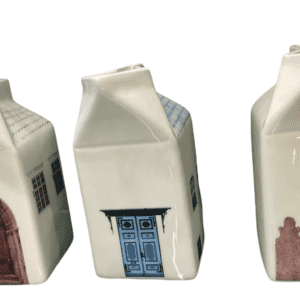 Three small ceramic containers shaped like houses, each with a unique door design&mdash;one red arched door, one rectangular blue door with windows, and one brown arched door with stone steps. A curated gift shop find for those seeking unique ideas. Gate21.ee