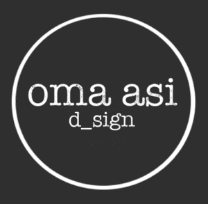 A black circle with a white outline features "oma asi" in lowercase typewriter-style font above a smaller "d_sign," reflecting the spirit of Estonian design. Product: Oma Asi Gift Card / Kinkekaart. Gate21.ee