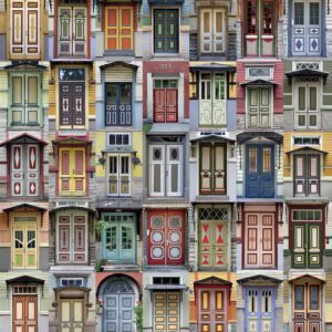 Poster Tallinn Doors: A curated collage of colourful, uniquely designed doors from Tallinn, Estonia. Showcasing Estonian design with diverse shapes, sizes, and patterns, it features the label "Tallinn" at the bottom. Gate21.ee