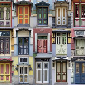 The Postcard Tallinn Doors displays sixteen colourful front doors with distinct trims, colours, and wooden panel details, each inspired by Estonian design and unique architectural styles. Gate21.ee
