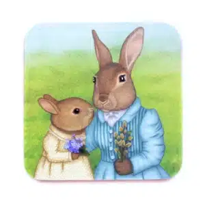 An illustration of two rabbits dressed in human clothing&mdash;one in a yellow dress with purple flowers, the other in a blue suit with buds&mdash;standing close together on grass, capturing the whimsical spirit often found in curated Estonian design concept shops. Gate21.ee