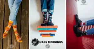 Three photos feature people modelling colourful patterned socks; one sits on wood with orange socks, another rests feet on stacked books with blue socks, and one stands on a red surface—perfect unique ideas for any concept store or gift shop. Gate21.ee