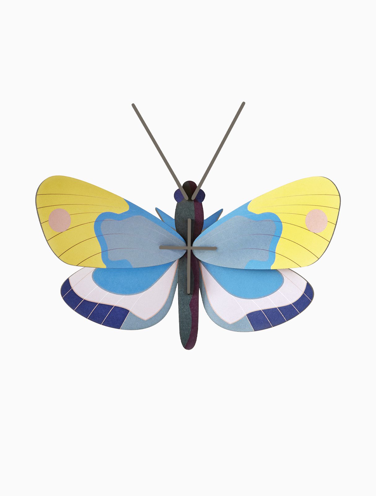 The Yellow Monarch Butterfly features a flat, stylised design with yellow and blue wings, pink spots, and grey antennae—ideal for concept stores wanting unique geometric shapes and symmetrical patterns in blue, purple, and white. Gate21.ee