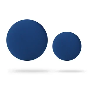 The Double - Blue features two solid blue circles of different sizes on a white background, with the larger on the left and smaller on the right, both casting subtle grey shadows beneath them. Inspired by Estonian design. Gate21.ee