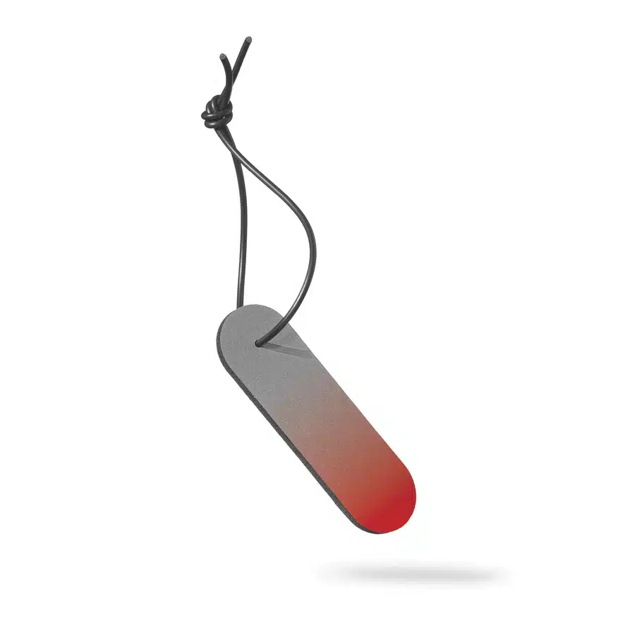 The Dangle - Long - Red Fade is a rectangular, rounded-edge keyring with a grey-to-red gradient, Estonian design, and black cord loop—an ideal Tallinn gift or souvenir, shown against a white background. Gate21.ee