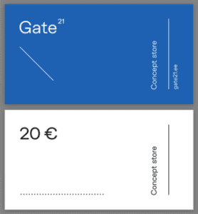 The Gate21 Gift Card / Kinkekaart features a minimalist design: a blue card with "Gate 21" and "Concept store" in white on top, and a white card with "20 &euro;" and "Concept store" in black below&mdash;ideal for curated gift shop finds or unique gifts. Gate21.ee