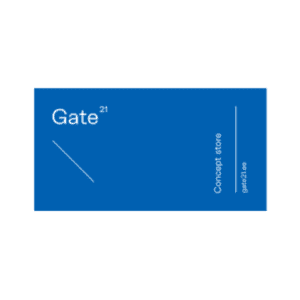 A blue rectangular Gate21 Gift Card / Kinkekaart shows “Gate²¹” in white, with “Concept store” vertically on the right edge and “gate21.tee” below. A thin white diagonal line decorates the left—ideal for a curated Tallinn shopping experience. Gate21.ee