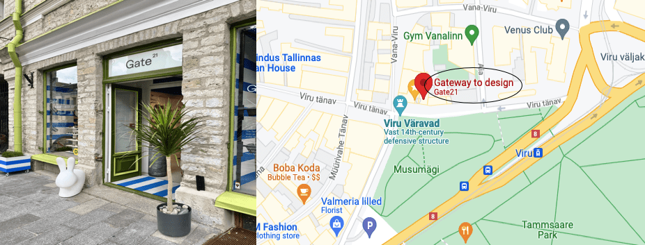 The image is split in two: the left shows the entrance to Gate21, a modern Estonian design gift shop; the right is a map with a pin labelled Gateway to design Gate21 near Viru V&auml;ravad in Tallinn, Estonia. Gate21.ee