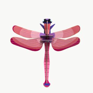 Ruby Dragonfly: A vibrant geometric model with pink and purple wings, blue accents, and a segmented body—celebrating Estonian design. Seen from above on white background. Ideal for Tallinn shopping or as a unique gift shop find. Gate21.ee