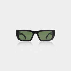 The FAME - Black sunglasses, featuring a rectangular black frame with green-tinted lenses and Estonian design, are displayed on a white background. The partially visible arms complete the stylish look. Gate21.ee