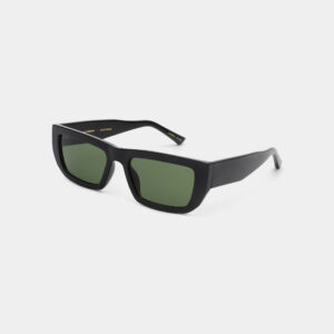 FAME - Black: Contemporary Estonian-inspired rectangular black sunglasses with thick frames and dark green lenses, displayed on a plain white background. Gate21.ee