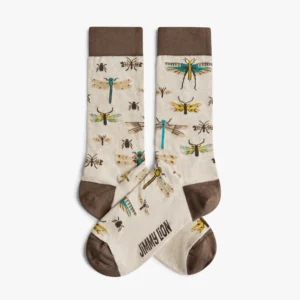 Insects - Regular: Beige socks with brown toes, heels, and cuffs featuring dragonflies and bees. Inspired by Estonian design, "JIMMY LION" is printed in brown on the sole of one sock. Gate21.ee